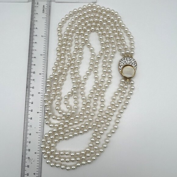 Vintage 3 Strand Faux Pearl Necklace with Rhinestone MOP Clasp Statement Bridal - Picture 9 of 11